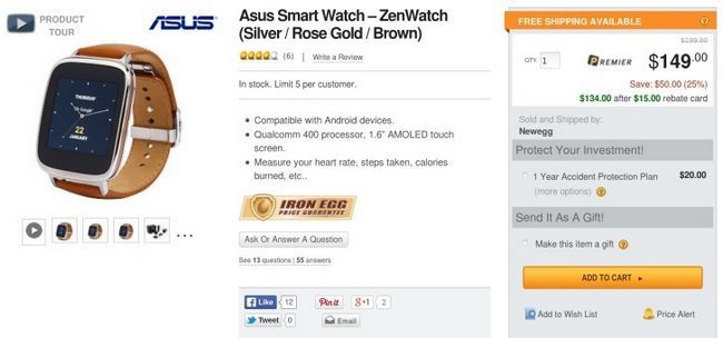 Fotografía - [Alerta Trato] Obtén una Asus ZenWatch Por $ 124 en Newegg Después código de cupón, Visa Checkout, Y reembolso por correo